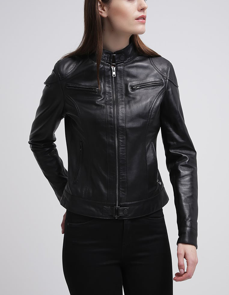 Koza Leathers Women's Real Lambskin Leather Bomber Jacket in black with satin lining and YKK zipper, featuring multiple pockets.